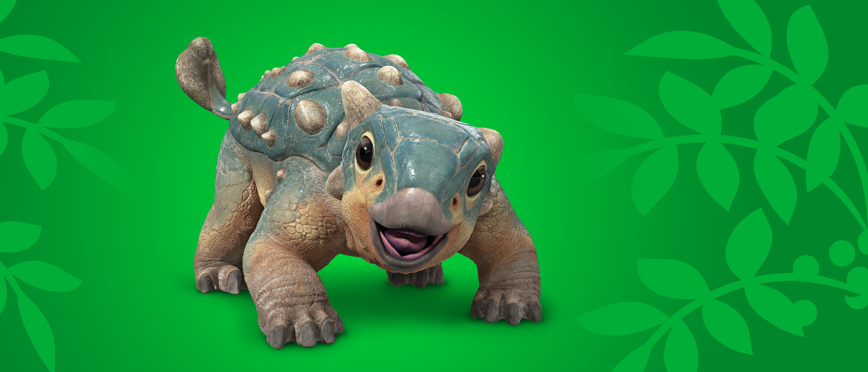 Bumpy, a baby Ankylosaurus with blue and brown scales. It is standing on a bright green background with leafy plants.