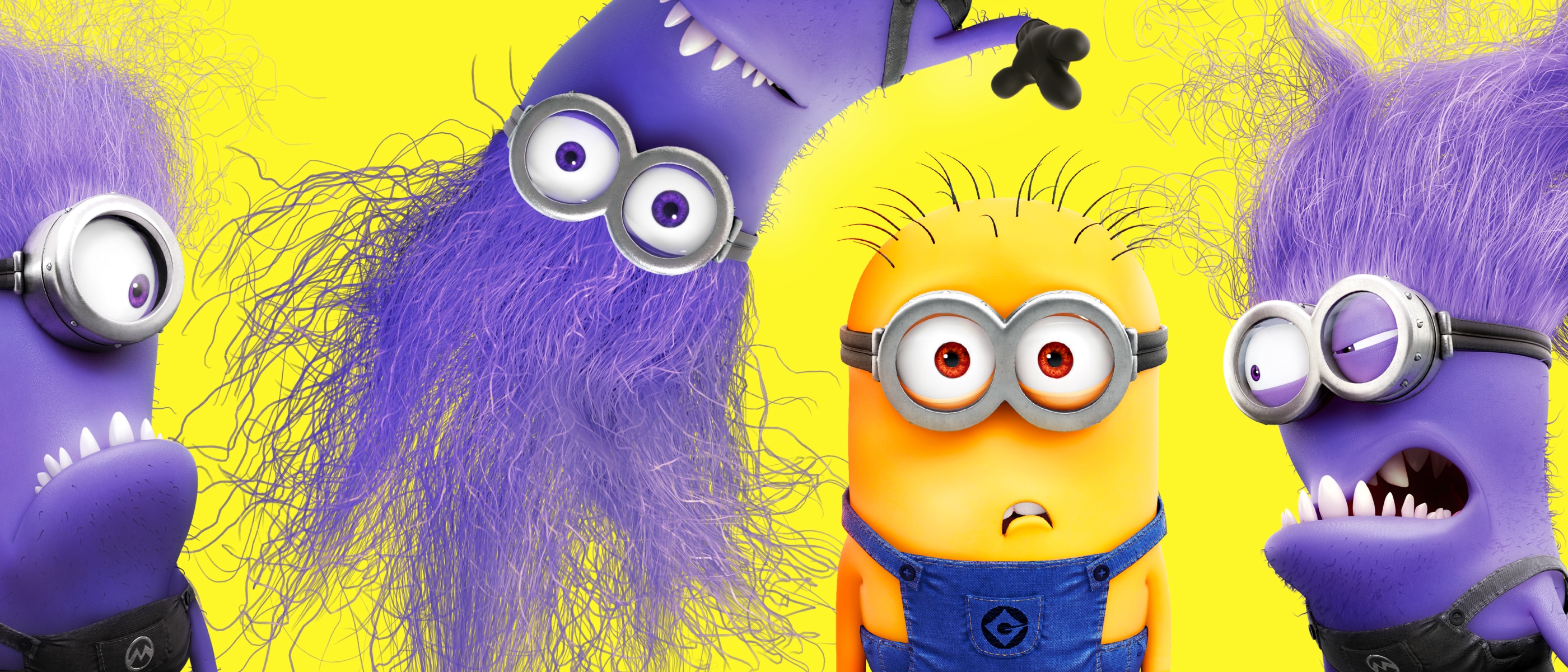 A yellow minion from "Despicable Me" with a worried expression stands between 3 purple, furry minions with wide grins and sharp teeth on a yellow background.