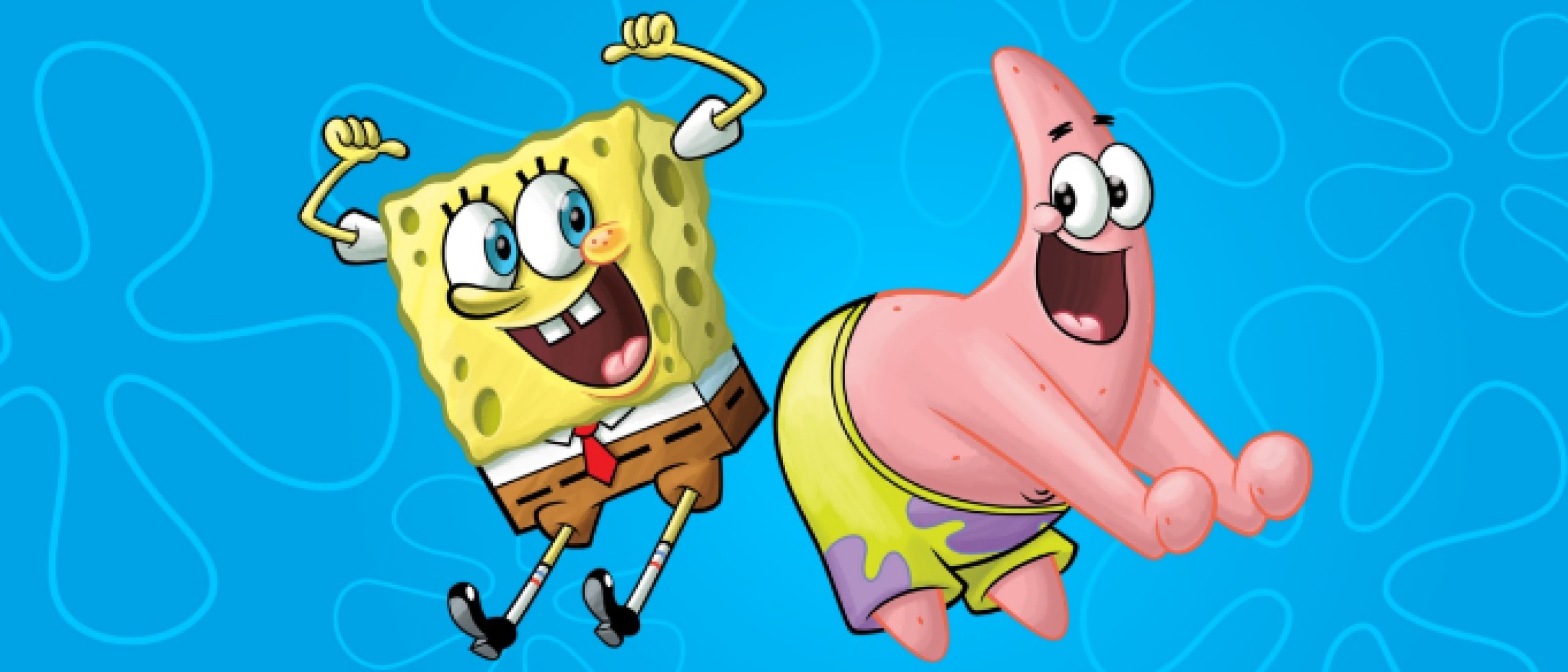 SpongeBob SquarePants is jumping with his arms raised. Next to him, Patrick Star jumping as well. The background is a bright blue color with white bubbles.