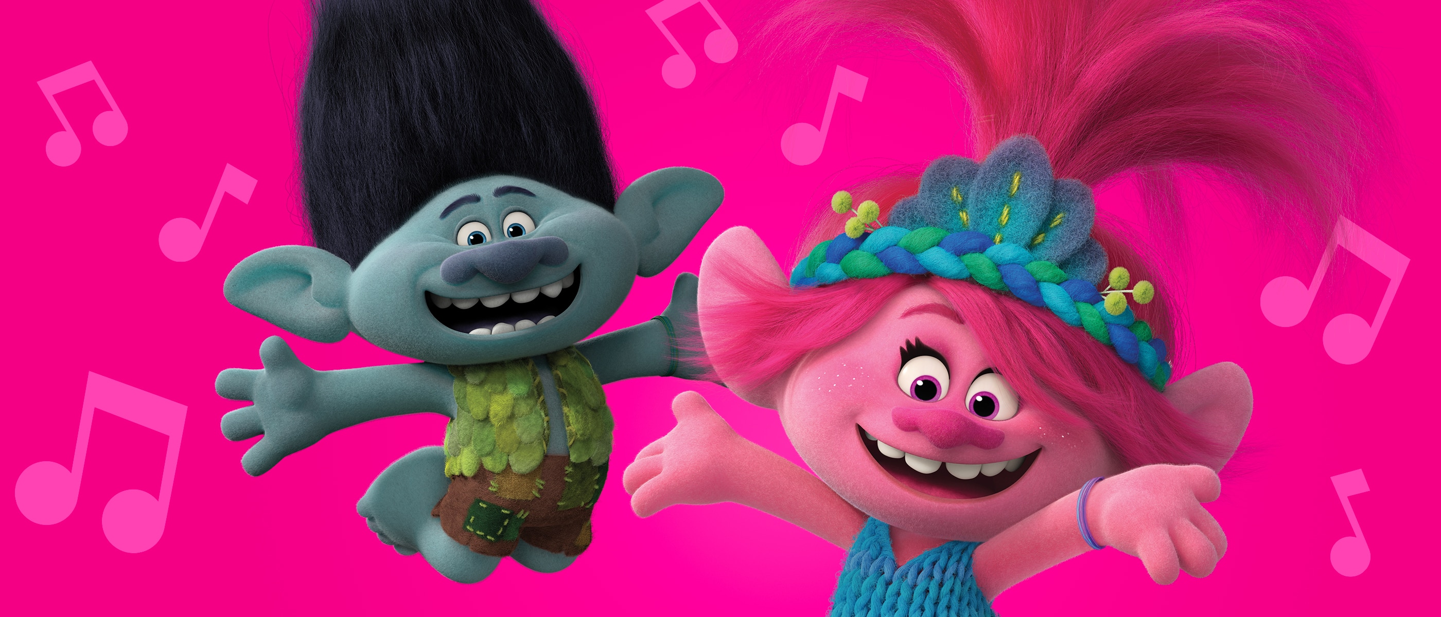 Branch and Poppy from Trolls are smiling and dancing against a pink background with musical notes.