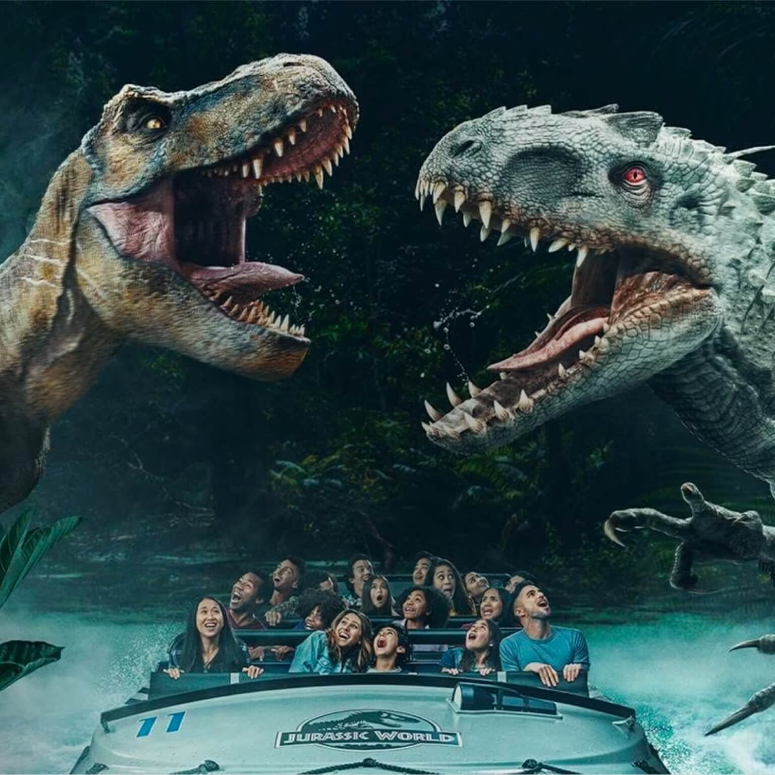 Composite of T. rex and Indominus rex getting ready to battle over a riders in Jurassic World - The Ride.